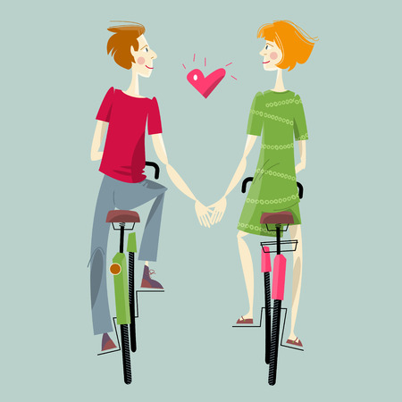 Young couple in love, riding bikes. Happy Valentines day. Vector illustrationのイラスト素材