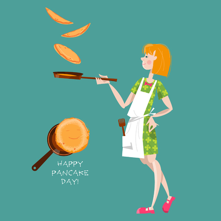 Girl tosses pancakes on a frying pan. Happy Pancake Day! Vector illustrationのイラスト素材