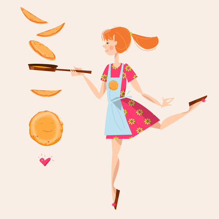 Girl tosses pancakes on a frying pan. Happy Pancake Day! Vector illustrationのイラスト素材