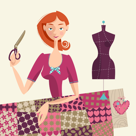 Seamstress holding a scissors. Sewing workshop. Vector illustration.のイラスト素材