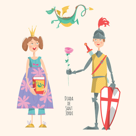 Princess with a book, knight with a rose, and a dragon. Diada de Sant Jordi the Saint Georges Day. Dia de la rosa The Day of the Rose. Dia del llibre The Day of the Book. Traditional festival in Catalonia, Spain. Vector illustration.のイラスト素材