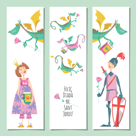 Set of universal cards with princess, knight and dragon. Diada de Sant Jordi (the Saint George's Day). Congratulations. Template. Vector illustrationのイラスト素材