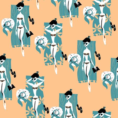 Summer time. Girls sunbathing on a beach. Retro style. Seamless background pattern. Vector illustrationのイラスト素材