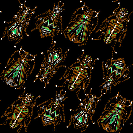 Variety of ornamental orange, green and white insects on a black background. Seamless background pattern. Vector illustrationのイラスト素材