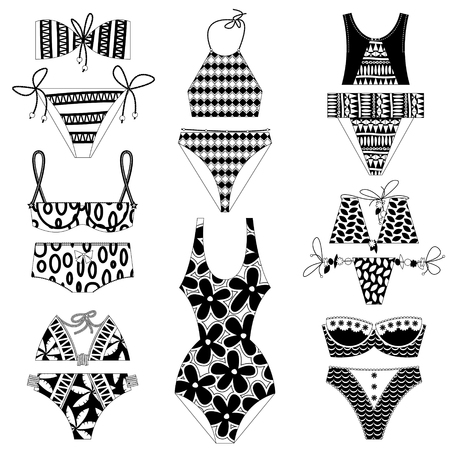 Set of 8 womens black and white swimsuits. Various models of bathing suit. Vector illustration.のイラスト素材