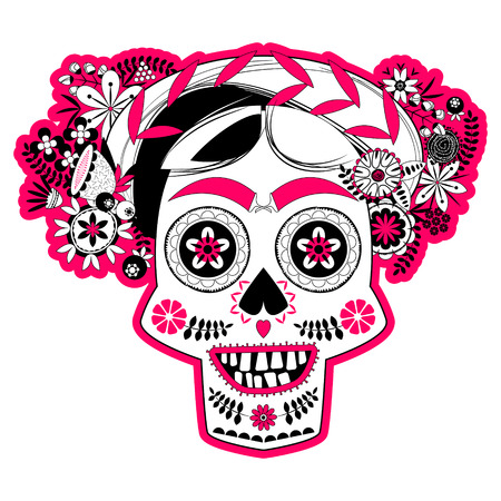 Smiling skull with a flower decorated hairdo. La Calavera Catrina. Mexica. Black white and pink. Vector illustrationのイラスト素材