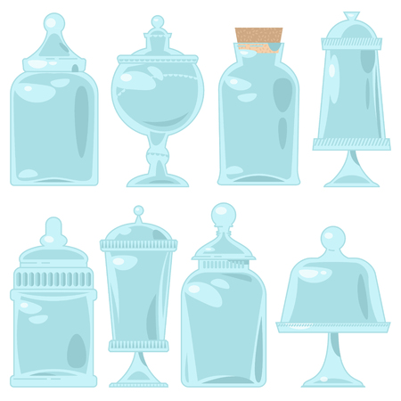 Set of 8 empty glass jars of various shapes. Vector illustrationのイラスト素材