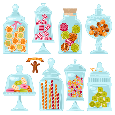 Sweet shop. Glass jars of various forms with different candies. Vector illustrationのイラスト素材