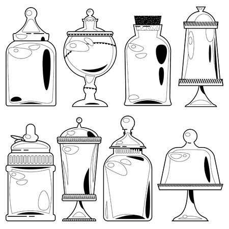 Set of ?lack and white 8 empty glass jars of various shapes. Vector illustrationのイラスト素材