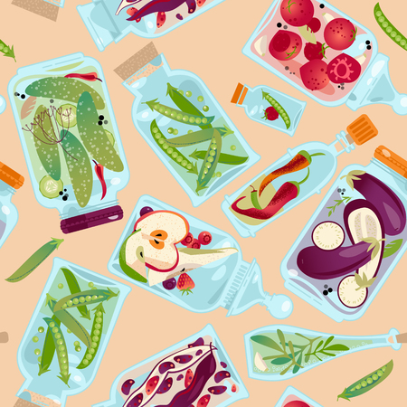 Different glass jars with preserved vegetables and fruit. Seamless background pattern. Vector illustrationのイラスト素材