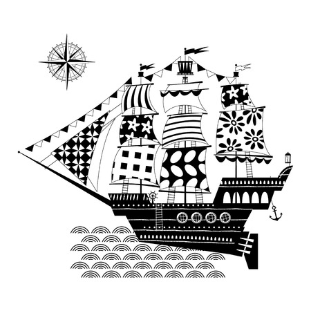 Old sailing ship. Nautical Collection. Black and white. Vector illustrationのイラスト素材