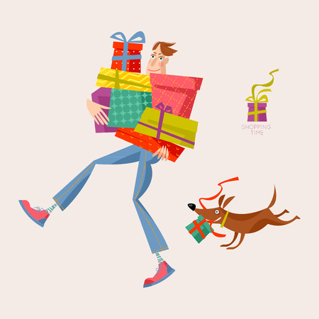 Shopping time. Man holding a pile of gift boxes. Vector illustrationのイラスト素材