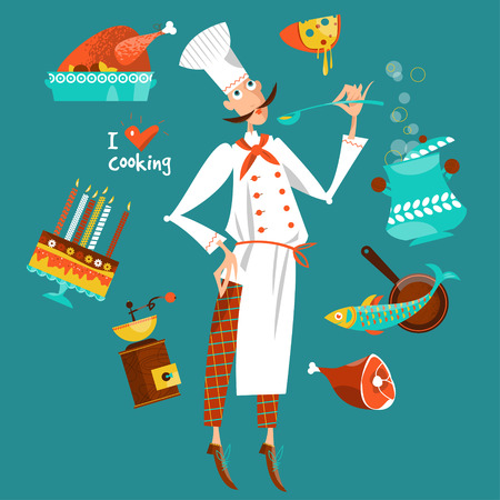 Chef cooking with various ingredients. I love cooking. The concept of cooking. Vector illustrationのイラスト素材