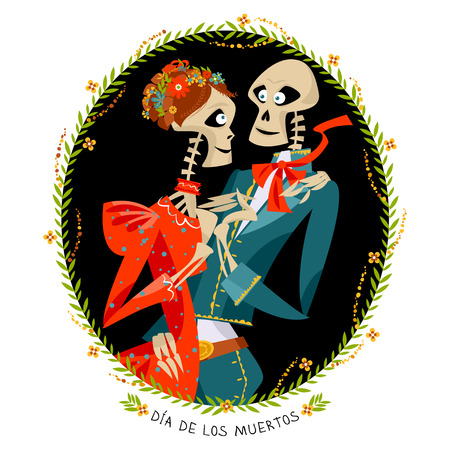 Skeleton couple in love. Dia de Muertos. Mexican tradition. Vector illustrationのイラスト素材