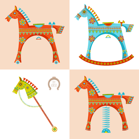 Set of various toy horses. Rocking horse, spring seesaw, wooden stick horse. Vector illustrationのイラスト素材