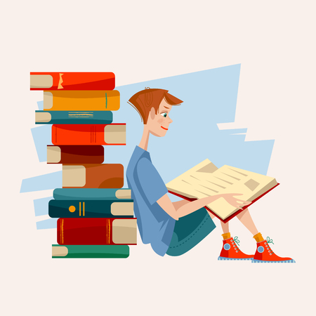 A boy reads a book and a pile of books. Literacy Day. Vector illustrationのイラスト素材