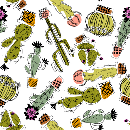 Various blooming cacti. Seamless background pattern.のイラスト素材