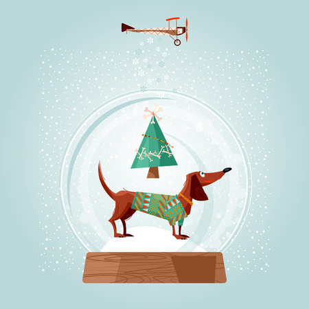 Christmas snow globe and dachshund. Christmas dog. Greeting card.  illustration.のイラスト素材