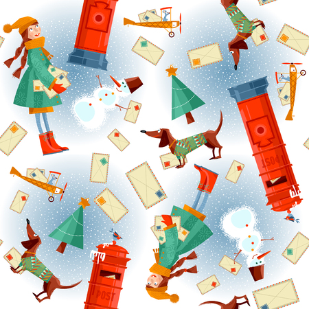 Christmas background pattern. Vintage Mailbox, little girl, dachshund, snowman and letters to Santa. Vector illustration.のイラスト素材