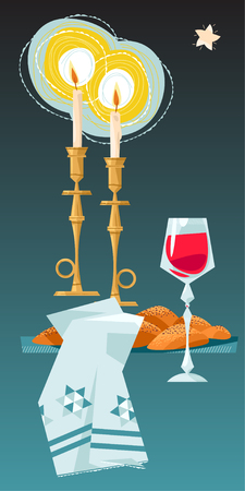 Shabbat shalom. Candles, kiddush cup and challah. Jewish Holiday. Vector illustrationのイラスト素材