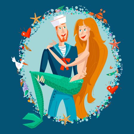 Sailor and mermaid. St. Valentine's Day. Vector illustrationのイラスト素材
