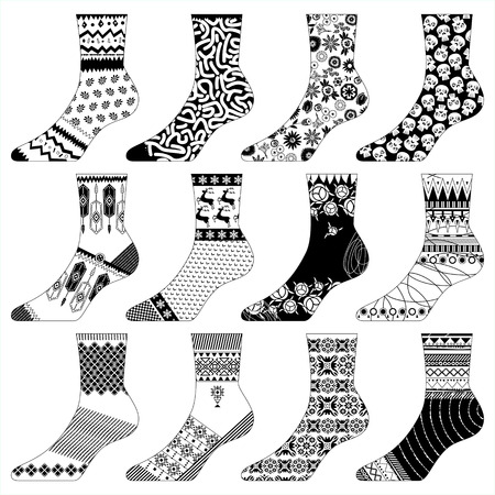 12 variously decorated socks. Black and white. Fabric design. Vector illustrationのイラスト素材