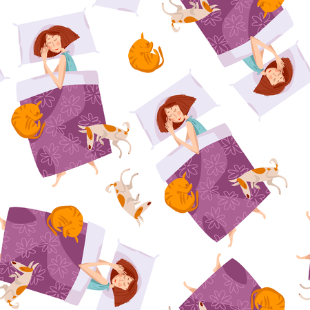 Sleeping girls with a cat and a dog. Good night. Sweet dreams. Seamless background pattern. Vector illustrationのイラスト素材
