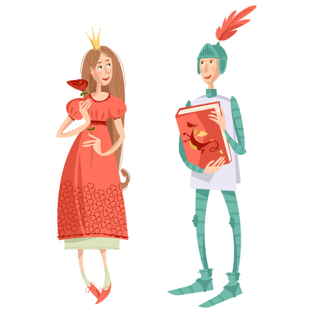 Princess with a rose and knight with a book. Diada de Sant Jordi (the Saint George's Day). Dia de la rosa (The Day of the Rose). Dia del llibre (The Day of the Book). Traditional festival in Catalonia, Spain. Vector illustration.のイラスト素材