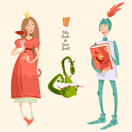 Princess with a rose, knight with a book and dragon reading a book.Diada de Sant Jordi (the Saint George's Day). Dia de la rosa (The Day of the Rose). Dia del llibre (The Day of the Book). Traditional festival in Catalonia, Spain. Vector illustration.のイラスト素材