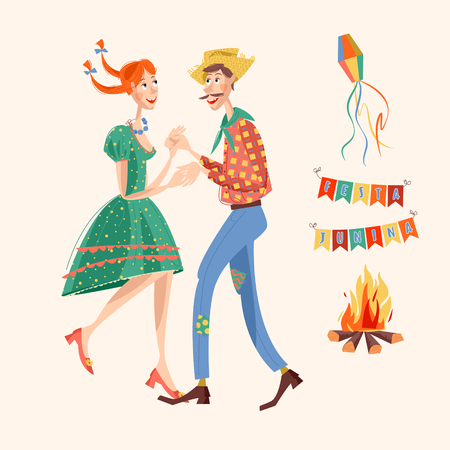 Brazilian holiday Festa Junina (the June party). Couple dancing traditional dance. Vector illustrationのイラスト素材