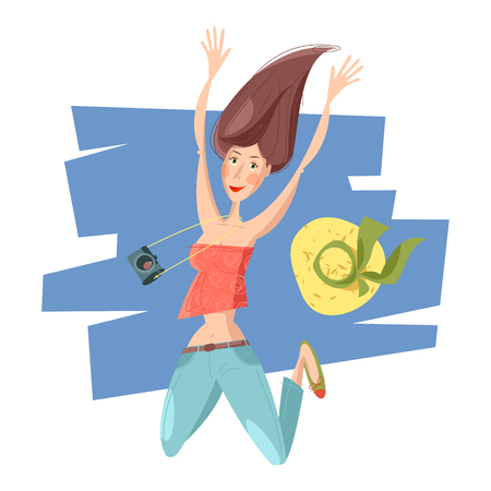 Happy young smiling woman jumping in an air.のイラスト素材
