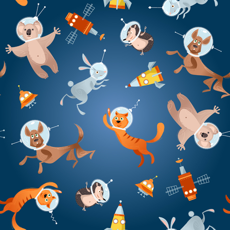 Animals in space. Dog, cat, hare, hedgehog, koala. Seamless background pattern. Vector illustrationのイラスト素材