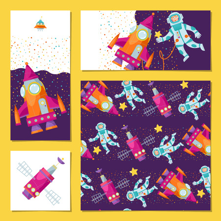 Set of universal cards with astronaut and rocket. Birthday, anniversary, children%u2019s party, congratulations. Template. Vector illustration.のイラスト素材