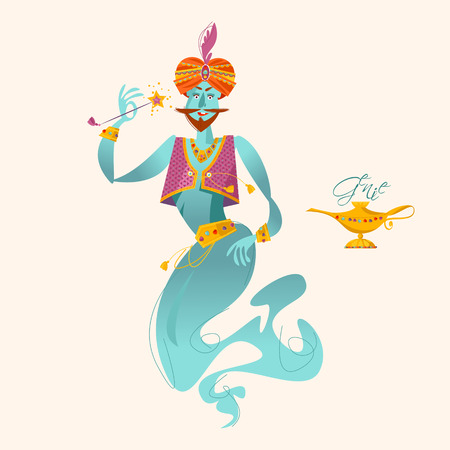 Happy genie with magic wand. Vector illustrationのイラスト素材