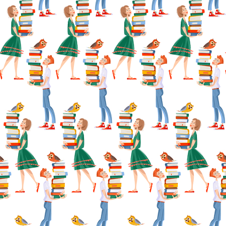 A boy and a girl with a piles of books and an owls. Back to school. Literacy Day. Vector illustration.のイラスト素材