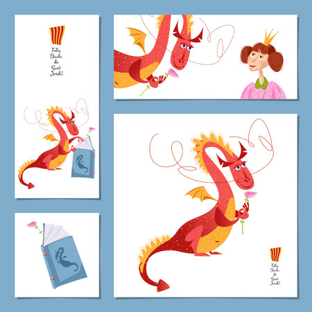 Set of universal cards with princess and dragon. Diada de Sant Jordi (the Saint Georgeâs Day). Congratulations. Template. Vector illustration

のイラスト素材