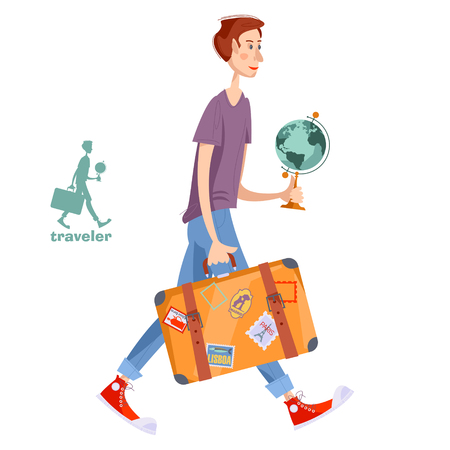 Young man with a suitcase and a globe. Travel concept. Vector illustrationのイラスト素材