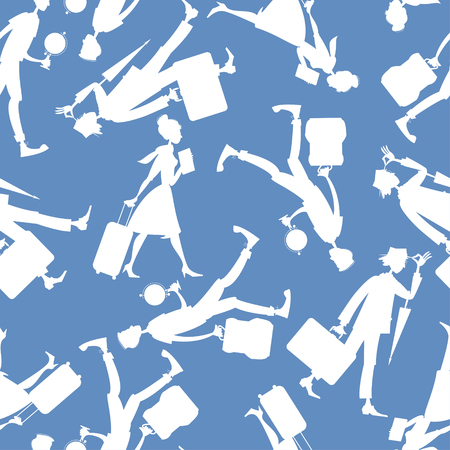 Young man a backpack, man with a suitcase and an umbrella, girl with a suitcase and a guidebook. Seamless background pattern. Vector illustration.のイラスト素材