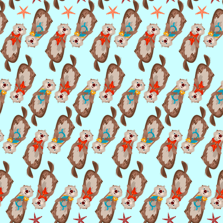 Smiling sea otters holding a fish and starfish in paws. Seamless background pattern. Vector illustrationのイラスト素材