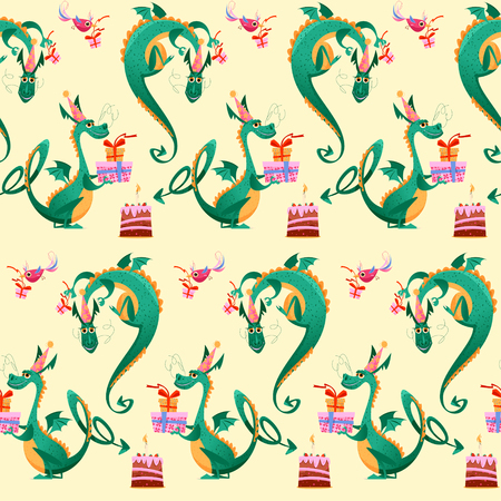 Birthday dragon. Dragon and a bird bearing cake with candle and a gift in a box. Seamless background pattern. Vector illustrationのイラスト素材
