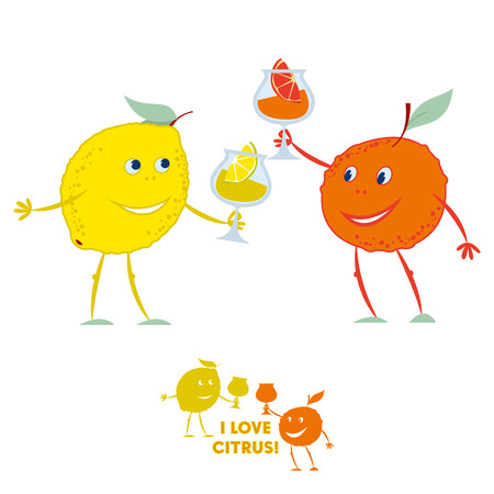 A little lemon and an orange holding glasses of juice. Vector illustrationのイラスト素材