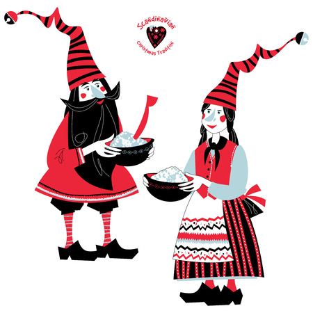 Scandinavian Christmas tradition. The gnome gives a pot of Christmas rice porridge to his girlfriend. Vector illustrationのイラスト素材