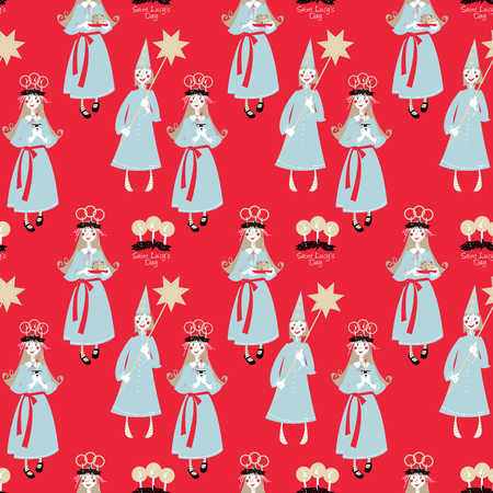 Saint Lucyâs Day. St. Lucia procession. Scandinavian Christmas tradition. Seamless background pattern. Vector illustrationのイラスト素材
