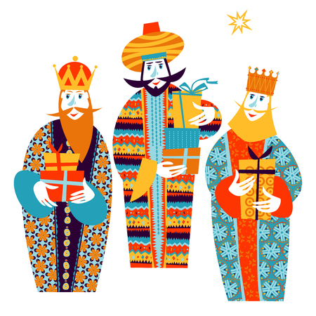 Three biblical Kings: Caspar, Melchior and Balthazar. Three wise men with gift boxes. Vector illustration.のイラスト素材