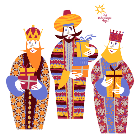 Three biblical Kings: Caspar, Melchior and Balthazar. Three wise men with gift boxes. Feliz dia de reyes! (Happy Three Kings Day!). Vector illustration.のイラスト素材