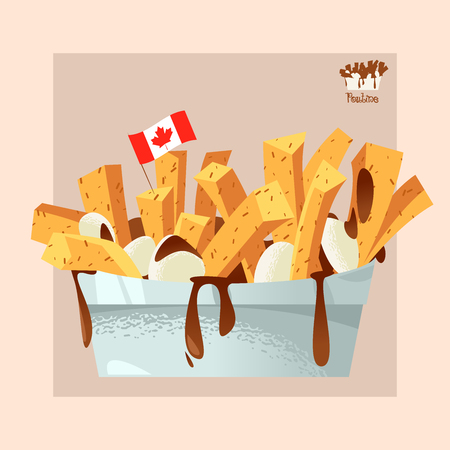 Quisine of Quebec. Poutine: dish consisting of French fries and cheese curds topped with a brown gravy. Vector illustrationのイラスト素材