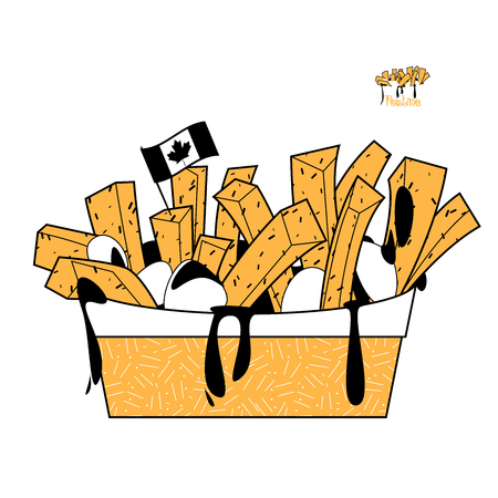 Quisine of Quebec. Poutine: dish consisting of French fries and cheese curds topped with a brown gravy. Black, white and yellow. Vector illustrationのイラスト素材
