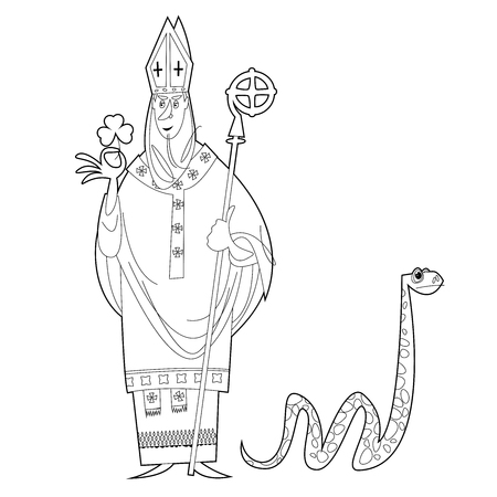 St Patrick (Apostle of Ireland) banishes snakes from Ireland. The patron saint of Ireland. Black and white. Coloring page. Vector illustrationのイラスト素材