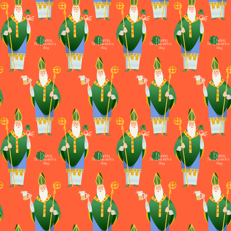 Saint Patrickâs Day. St Patrick (Apostle of Ireland), the patron saint of Ireland holding beer jugs and shamrock. Seamless background pattern. Vector illustrationのイラスト素材