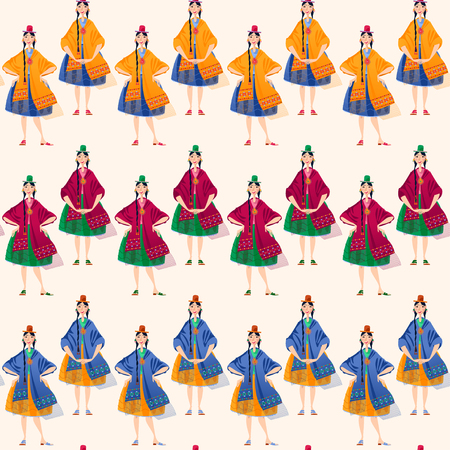 Bolivian women in traditional clothes. Seamless background pattern. Vector illustration.のイラスト素材